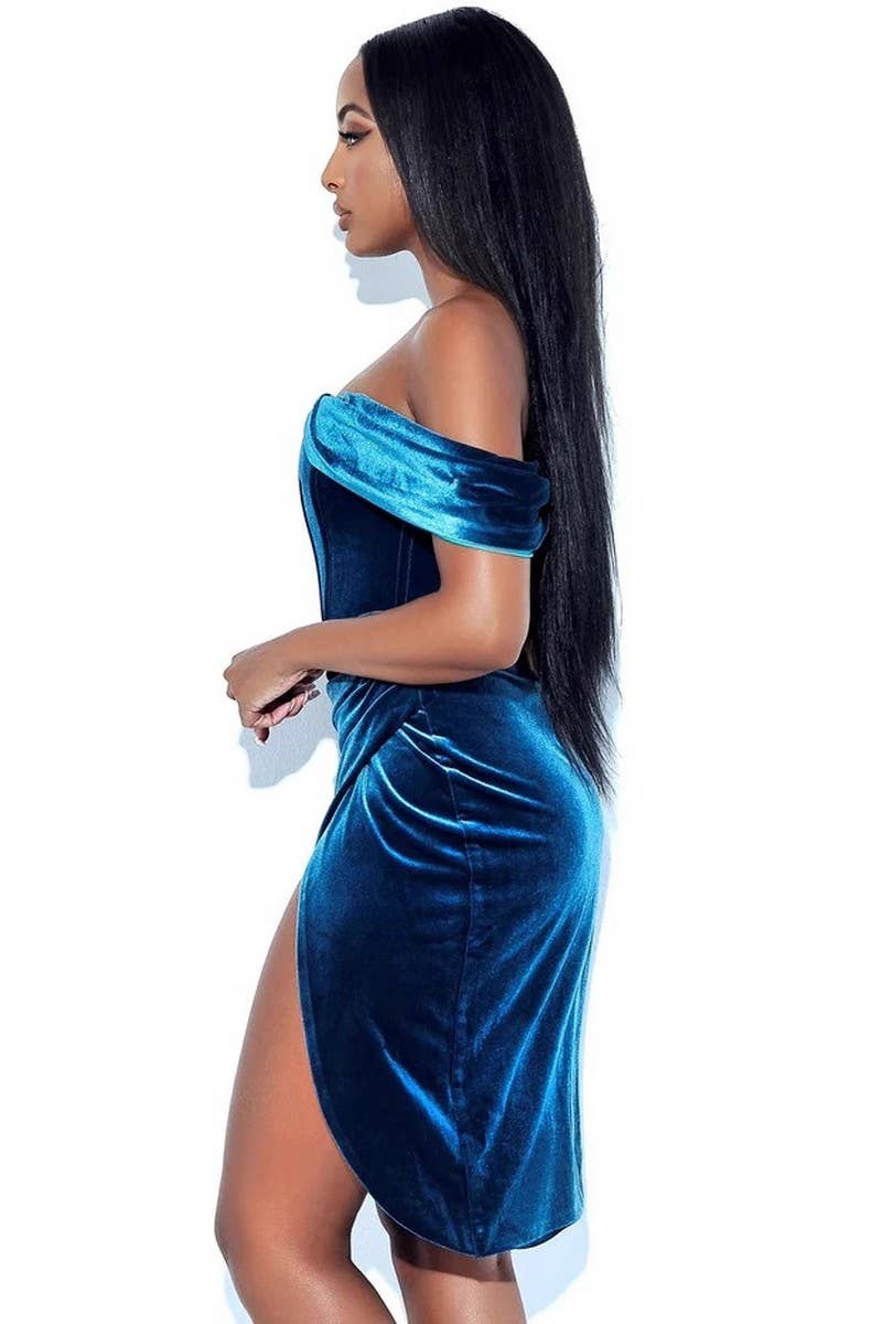 CWDSD10676_VELVET OFF SHOULDER CORSET SLIT EVENING DRESS