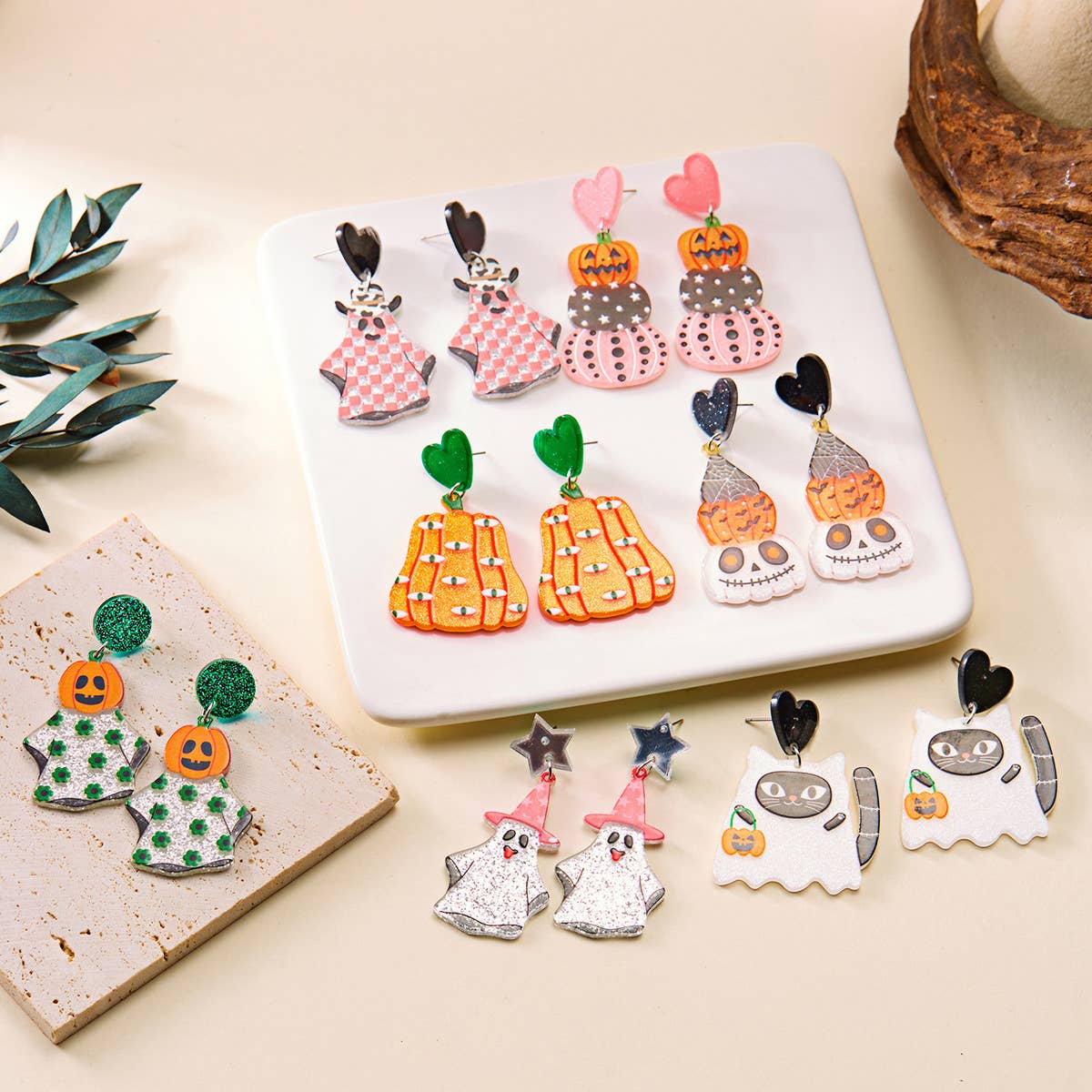 HALLOWEEN FUNNY PUMPKIN BAT LEAF EARRINGS