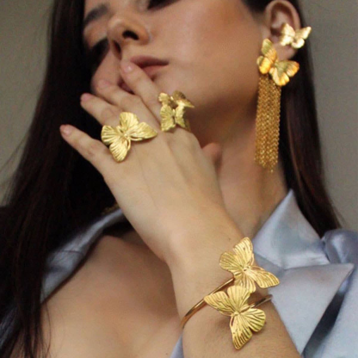 VINTAGE BUTTERFLY NECKLACE EARRINGS RING SET