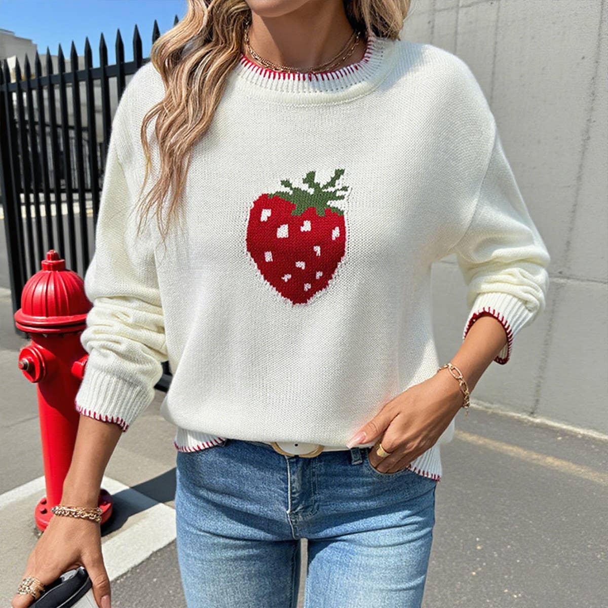 Strawberry jacquard round-neck stitched sweater
