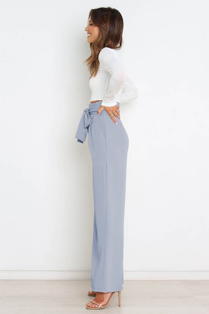 WOMEN TIED WAIST WIDE LEG OFFICE WORK PANTS