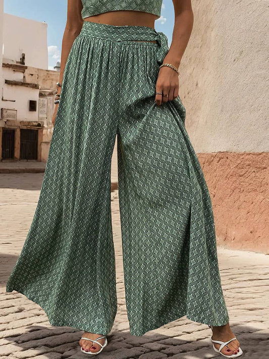 Lace-up high-waisted printed trousers