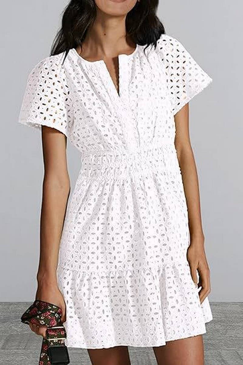 CWDSD8516_V-NECK A-LINE LACE HOLLOW SHORT SLEEVE MINI DRESS