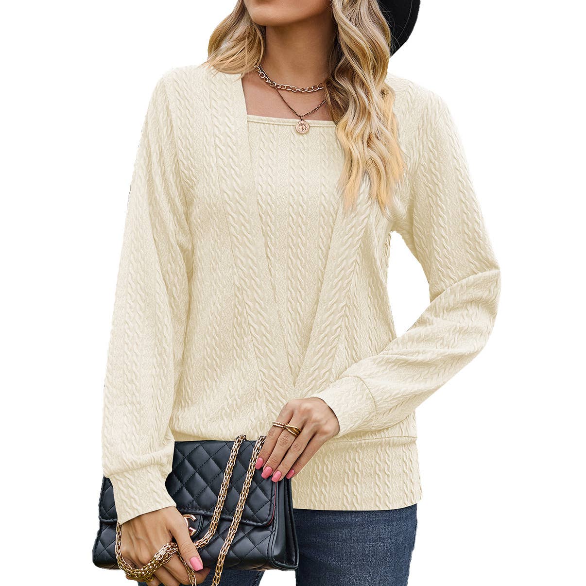 SQUARE NECK CROSS LONG SLEEVE LOOSE T-SHIRT