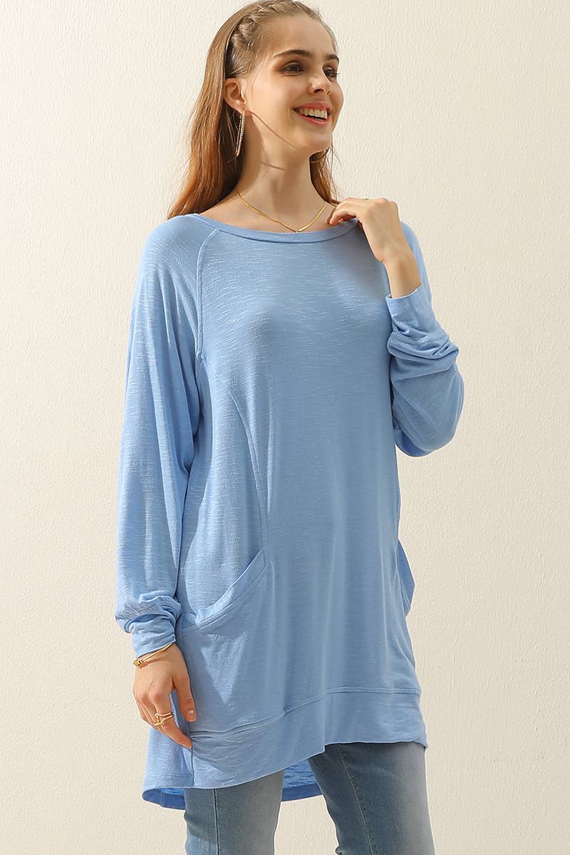 Cwttl1491_R Neck Long Sleeve Slub Long Knit Top With Pockets