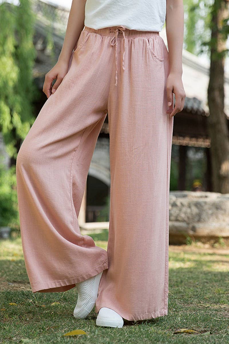 CWBLP1376_COTTON AND LINEN DRAWSTRING WIDE LEG PANTS