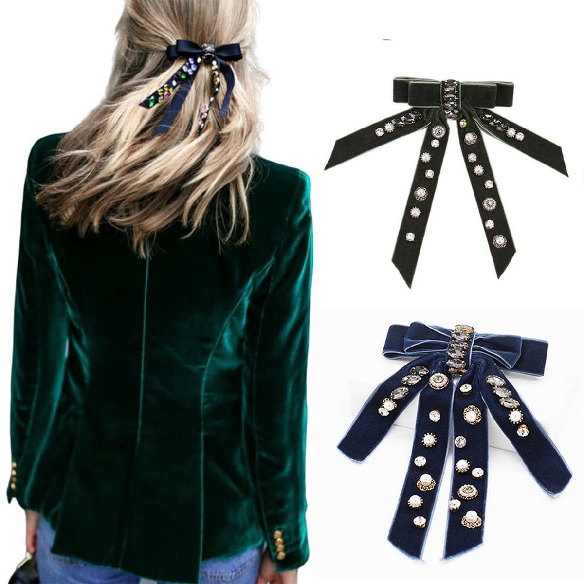 VELVET BOW PERSONALIZED DIAMOND PEARL HAIRPIN