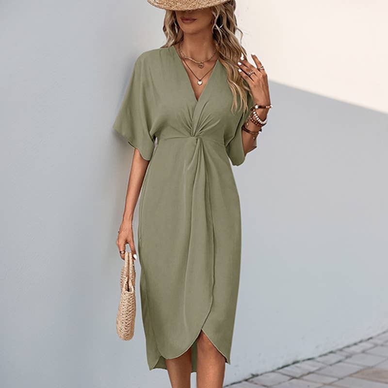 Solid color irregular waist slit mid-length dress