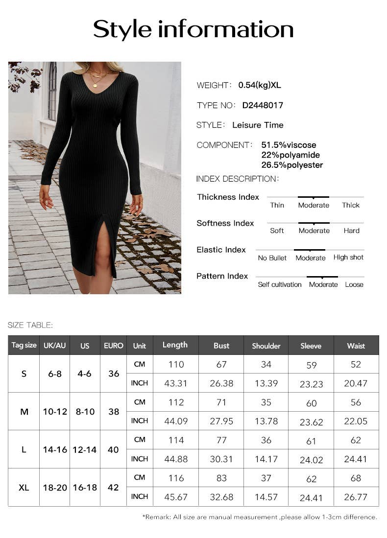 SEXY SLIM V-NECK SLIT SOLID COLOR SWEATER DRESS