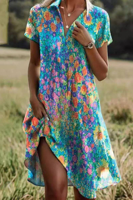 CWDSD8670_NEW SUMMER V-NECK BOHEMIAN PRINT DRESS