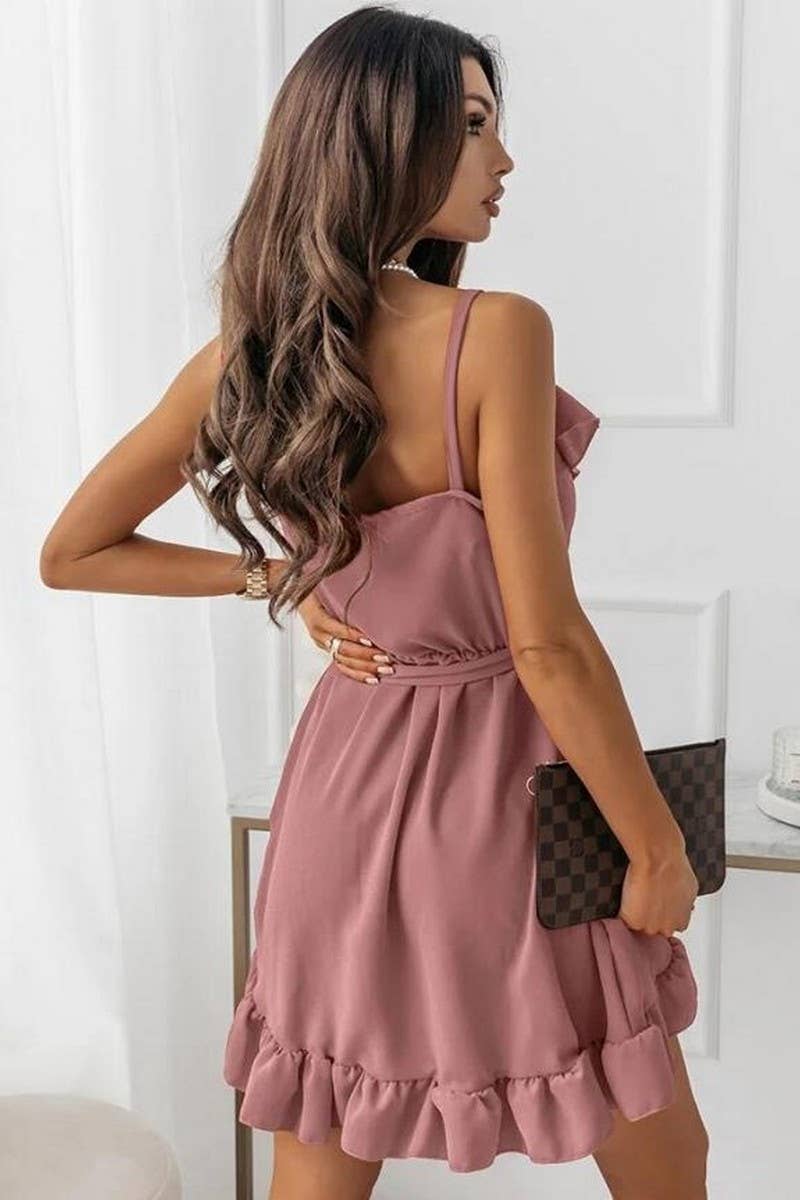CWDSD6592_SOLID COLOR V-NECK SUSPENDER SEXY DRESS
