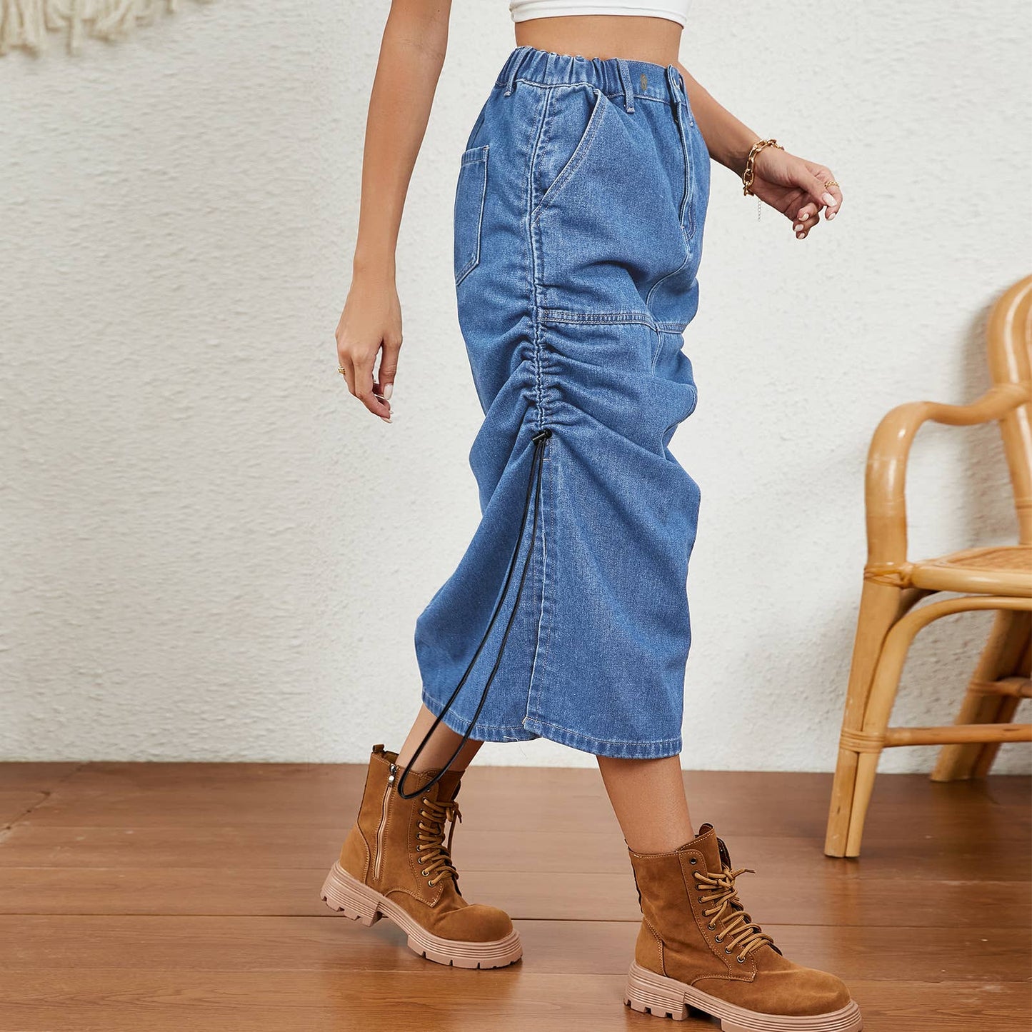 ELASTIC-WAISTED DRAWSTRING DENIM SKIRT