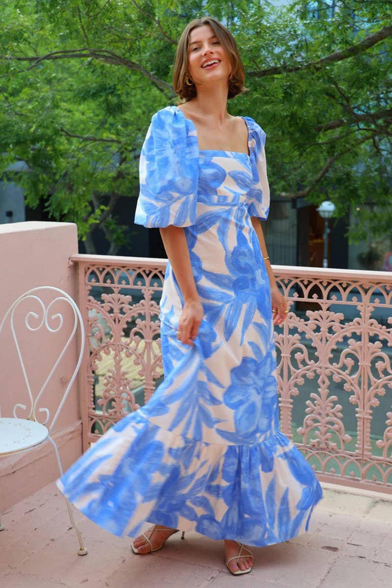 CWDMD6097_OFF SHOULDER PRINT LANTERN SLEEVE PATCHWORK DRESS