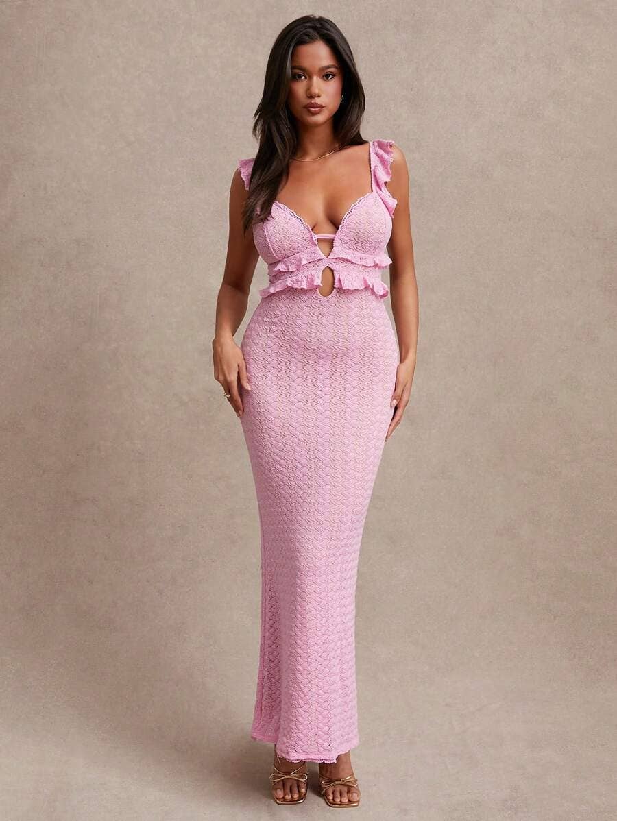 V-neck knitted black ear-trimmed backless dress