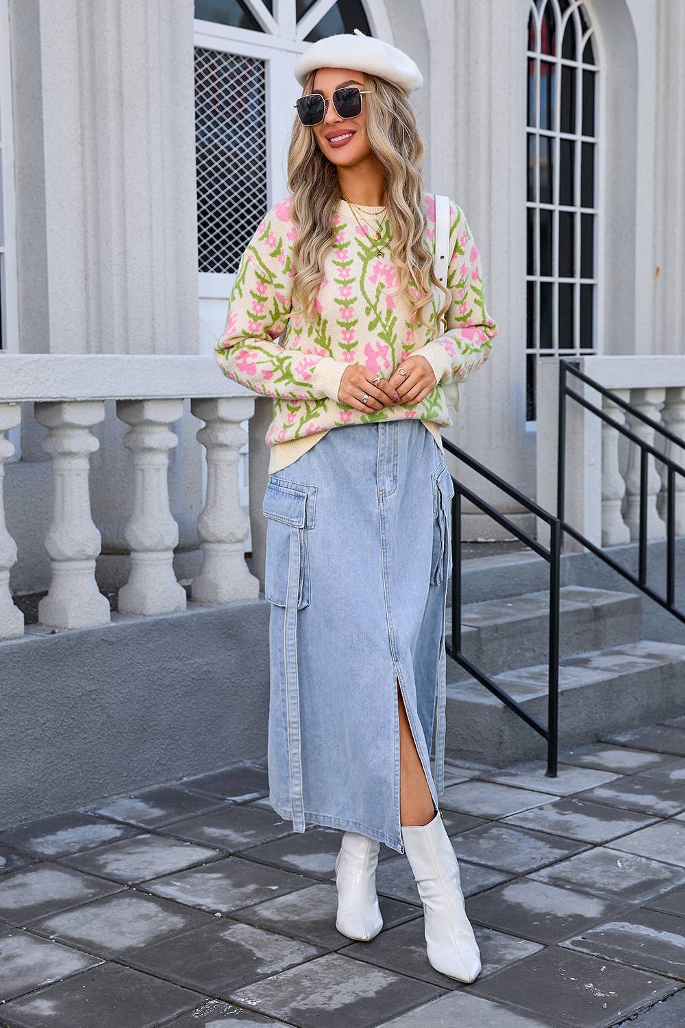 Jacquard twig round neck flower knit sweater