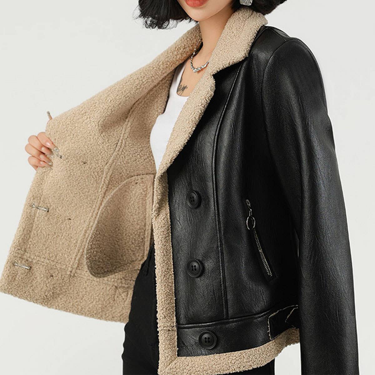 Fleece Lined PU Jacket?Women¡¯s Winter Leather Coat