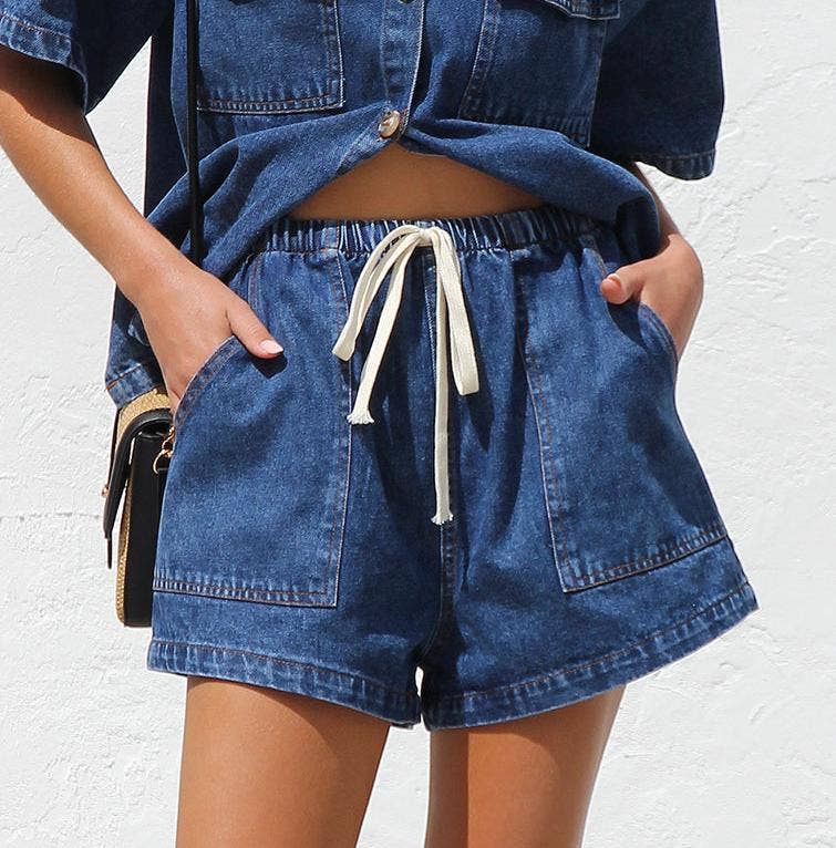 Retro casual loose pocket shirt & shorts set