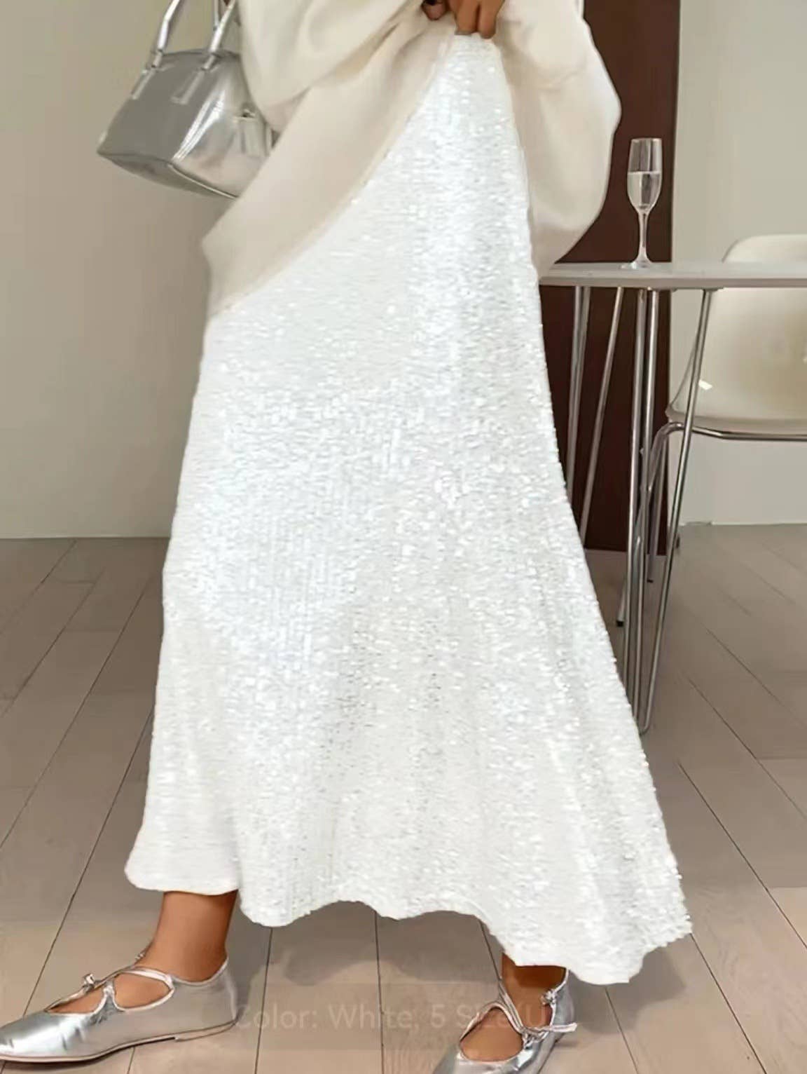 Sequined high-waisted inner elastic drape skirt