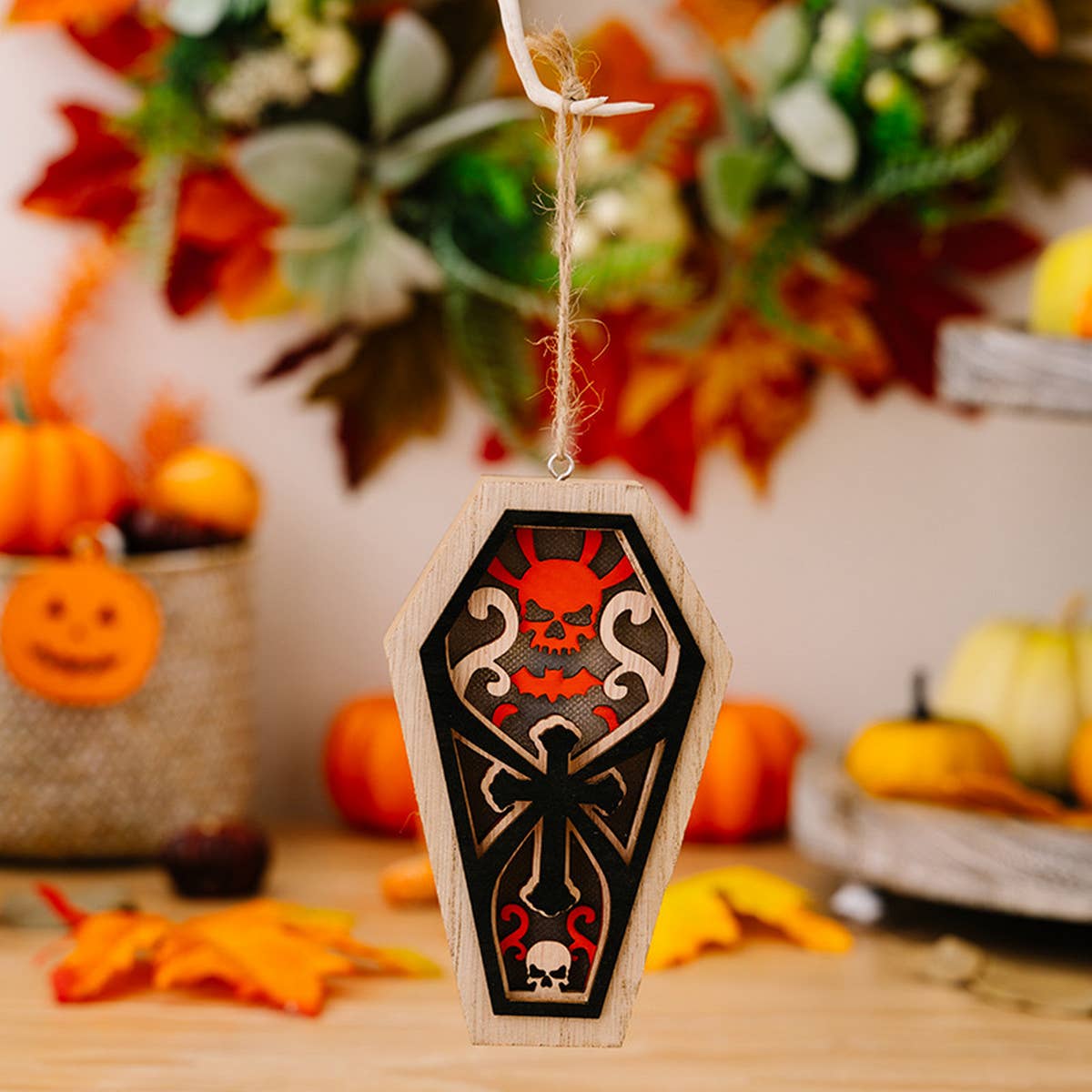HALLOWEEN PUMPKIN PENDANT WITH LIGHT IN WOODEN BOX
