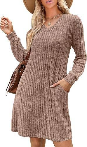 V-NECK POCKET FROSTED LONG-SLEEVED CASUAL DRESS