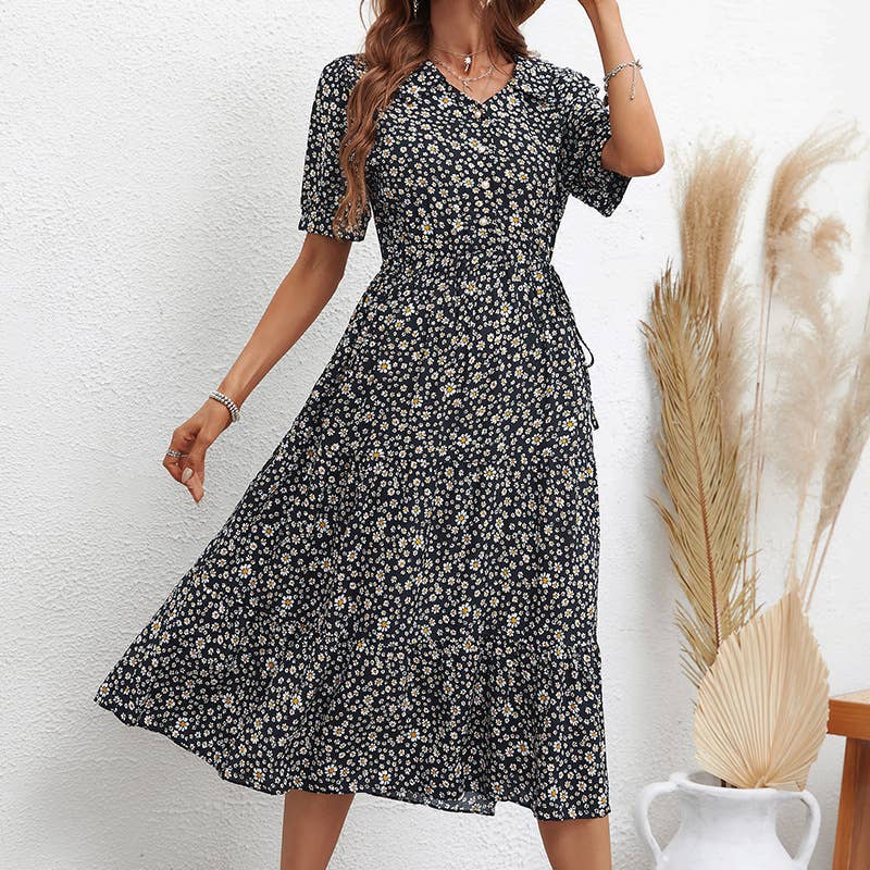 LAPEL FASHION PRINT SLIM SHORT-SLEEVED DRESS
