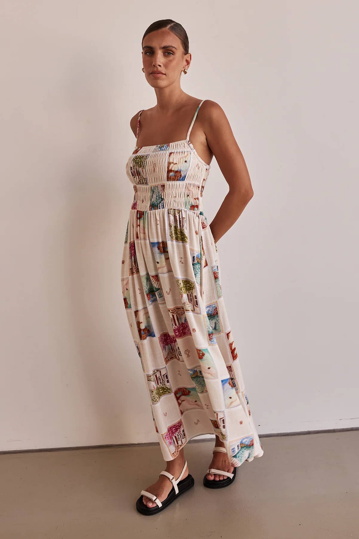 Fashion loose halter print long cable front dress