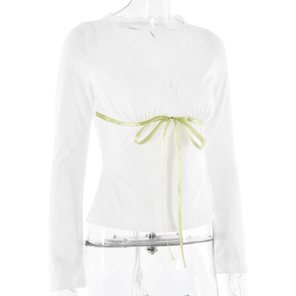 V-neck lace-trimmed bow sexy slimming T-shirt