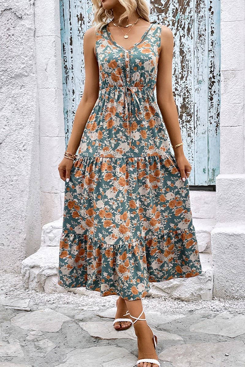 CWDMD1872_V-NECK SLEEVELESS LAYERED PRINT MIDI DRESS