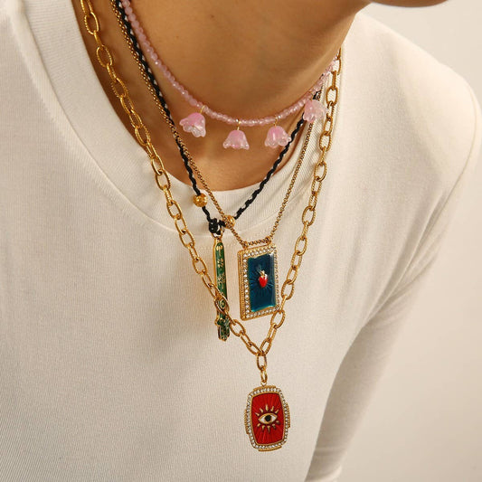 Vintage Steel Square Evil Eye Pendant Necklace