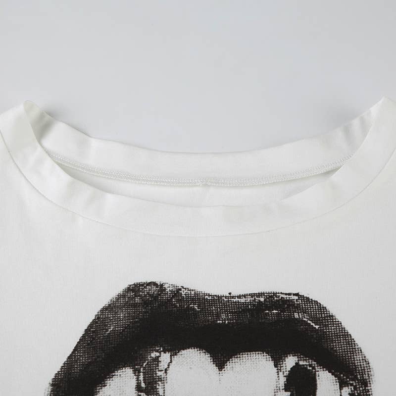Hip hop style mouth print design one-shoulder Top
