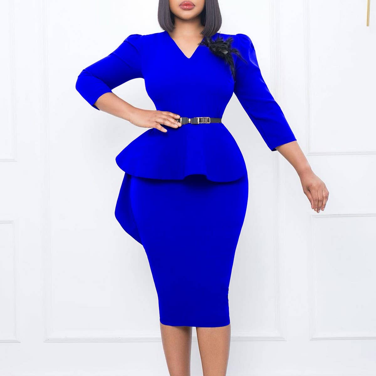RUFFLED RETRO V-NECK HIP-HUGGING PENCIL DRESS
