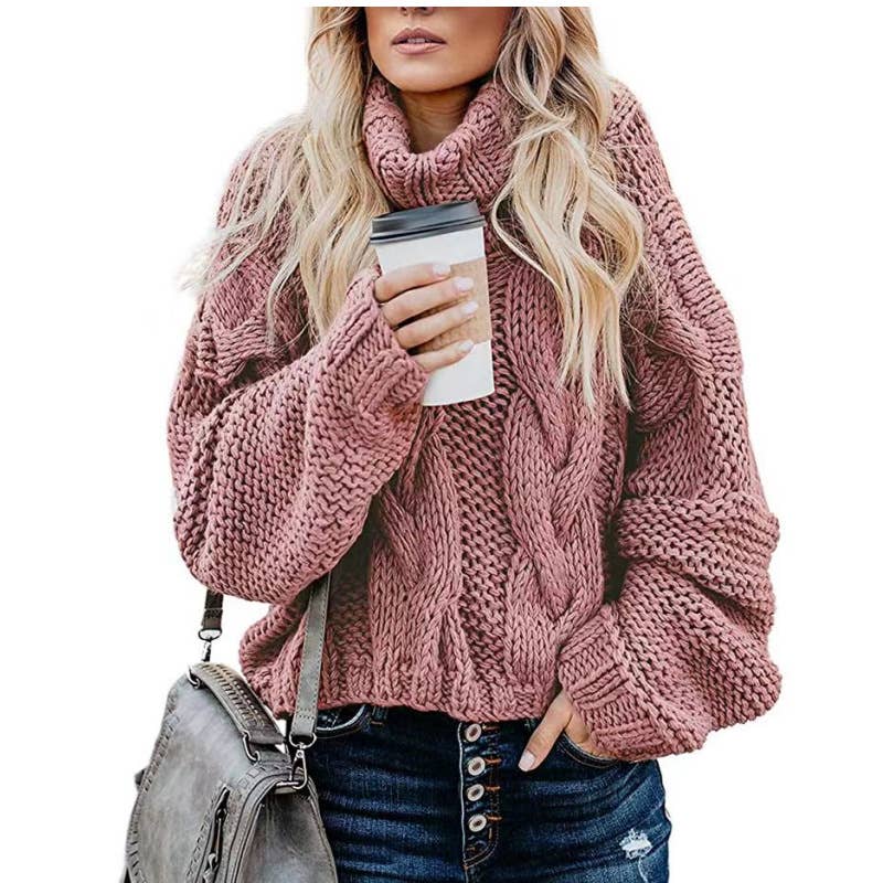 Laid-back solid-color tweed high-neck sweater
