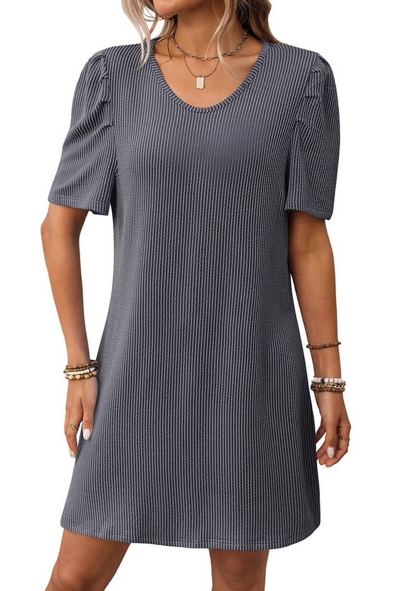 CWDSD7272_CONTRAST TWIST STRIPE PUFF SLEEVE MIDI DRESS