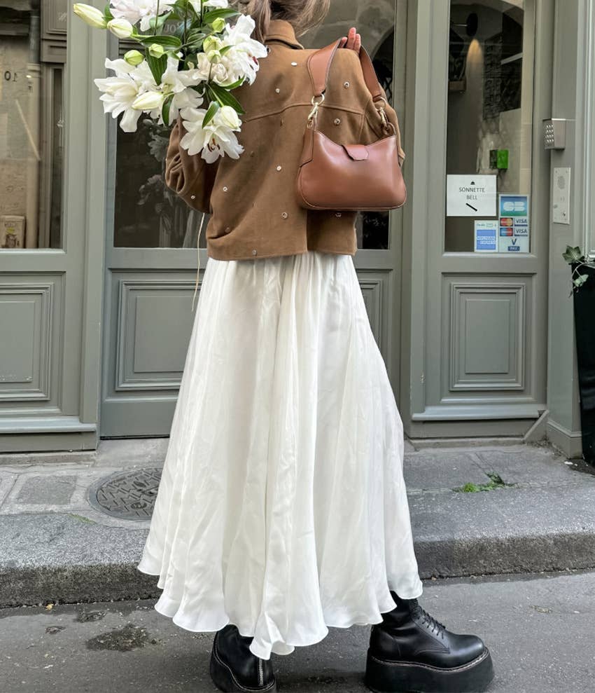 French style high waist slit midi skirt