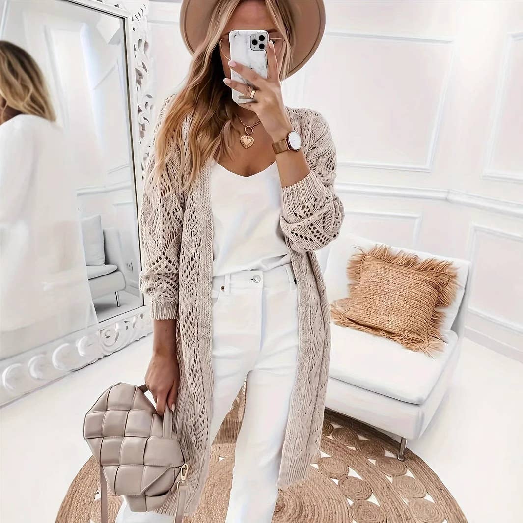 Solid color coarse knit unbuttoned cardigan