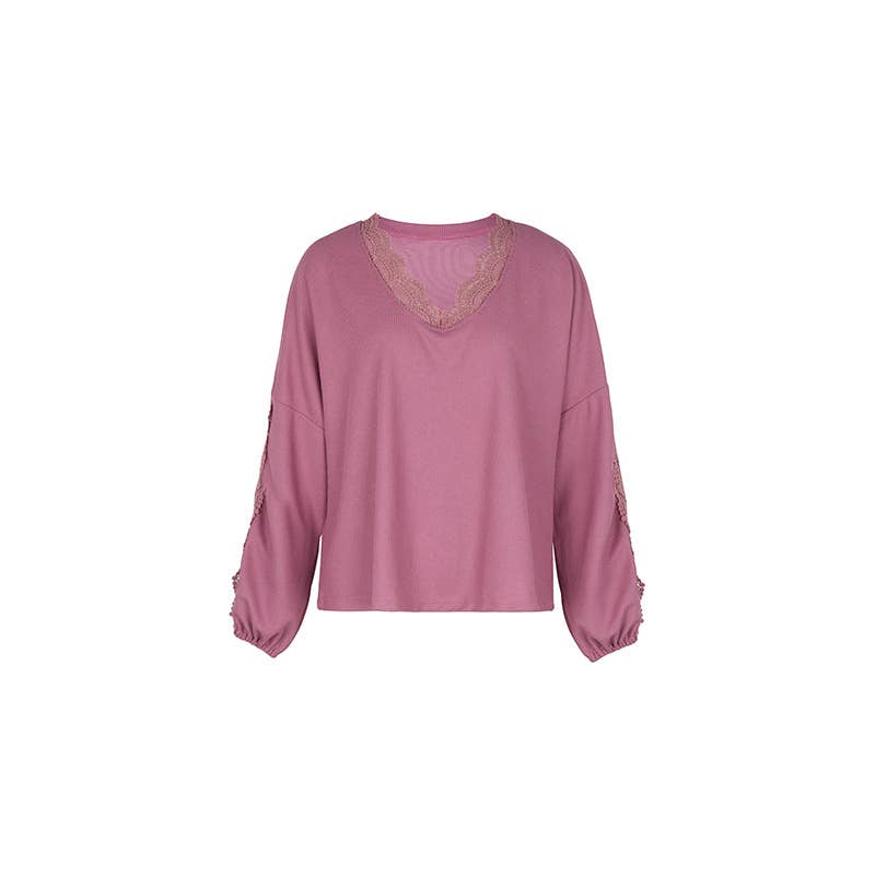 V-NECK WOMEN'S LACE STITCHING T-SHIRT LONG SLEEVE