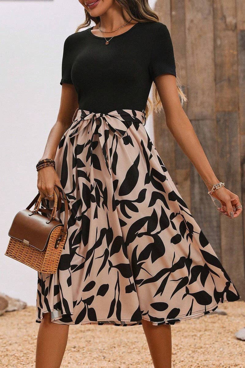 CWDMD4425_PRINTED PATCHWORK SHORT-SLEEVED DRESS