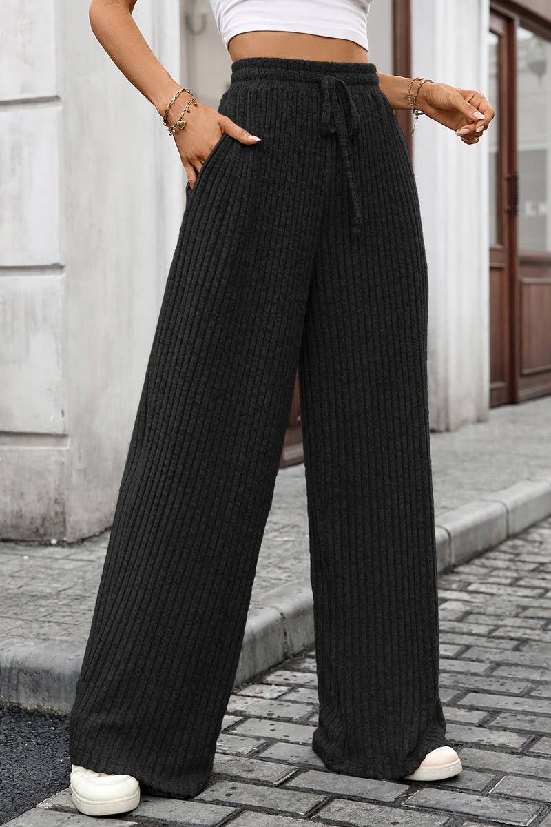 CWBLP01093_SOLID DRAWSTRING RIBBED WIDE LEG PANTS
