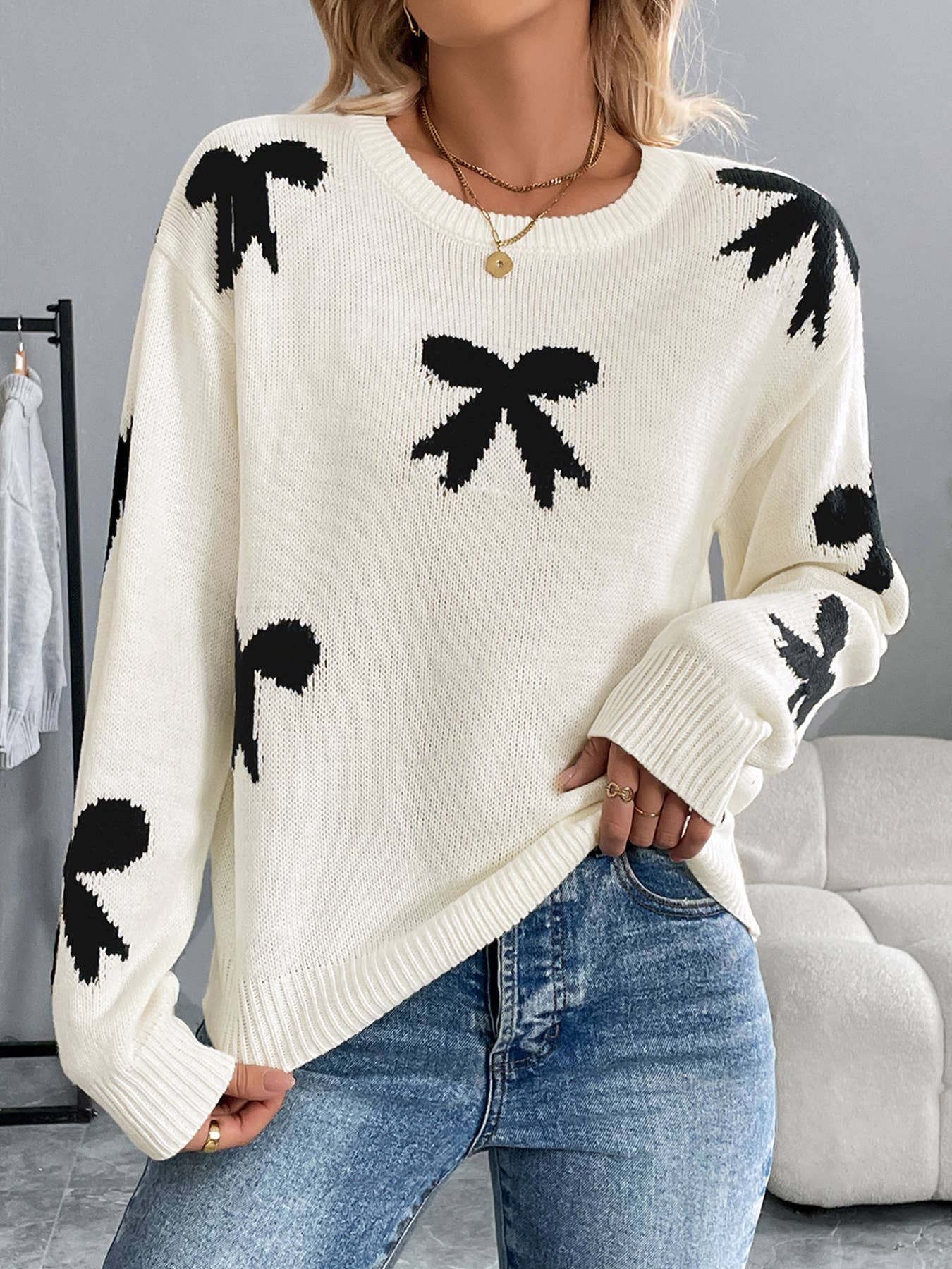 JACQUARD PULLOVER SWEATER WITH BOW BOW