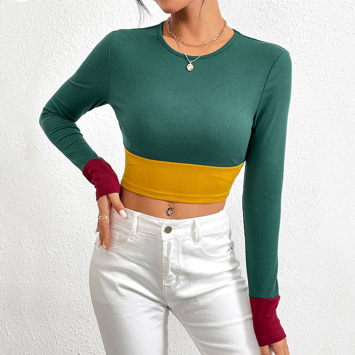 SLIM ROUND NECK SHORT PATCHWORK COLOR T-SHIRT