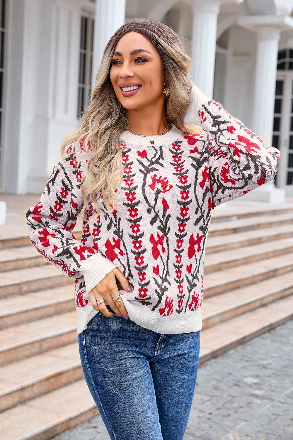 Jacquard twig round neck flower knit sweater