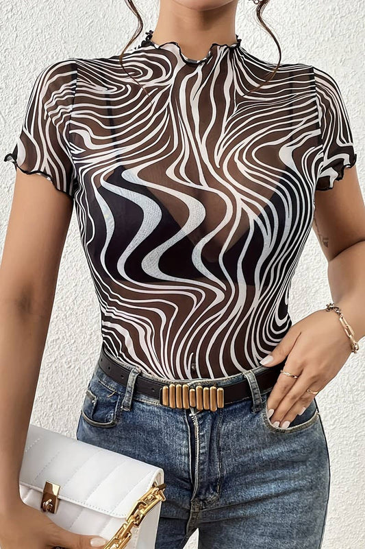 Cwtbls1544_Mesh Print Striped Ruffled Short Sleeve Top