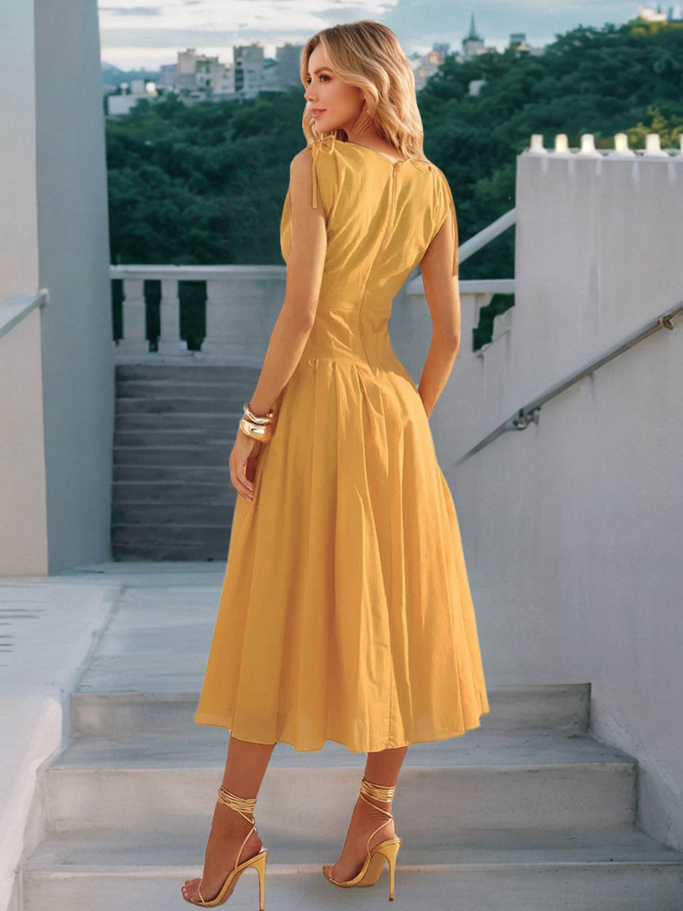 Elegant V-neck Tie Waist A-line Maxi Dress