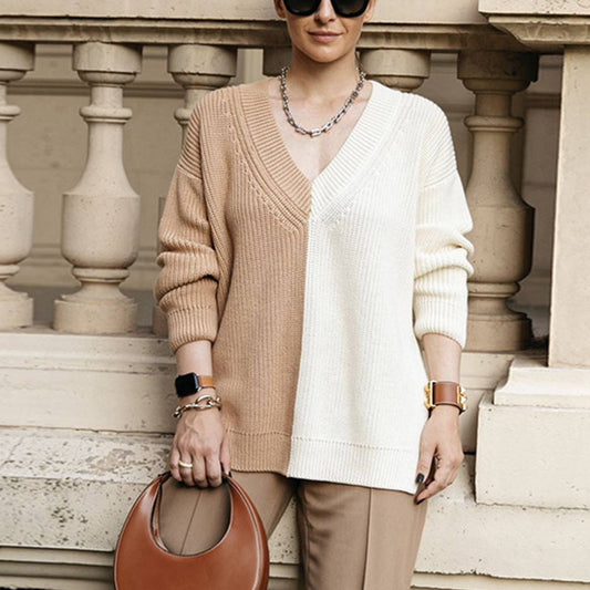 Patchwork V-Neck Slouchy Casual Sweater