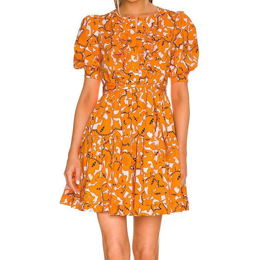 PRINTED CREW NECK FROCK WITH PUFFY SLEEVES