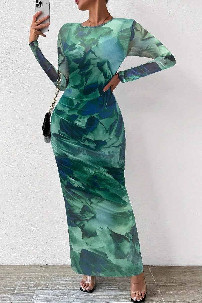 CWDMD4881_TIE-DYE PLEATED ROUND NECK LONG SLEEVE DRESS