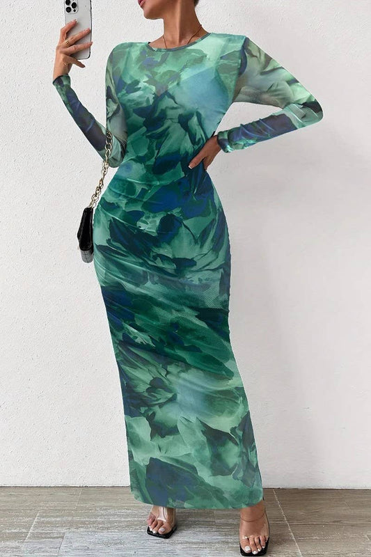 CWDMD4881_TIE-DYE PLEATED ROUND NECK LONG SLEEVE DRESS