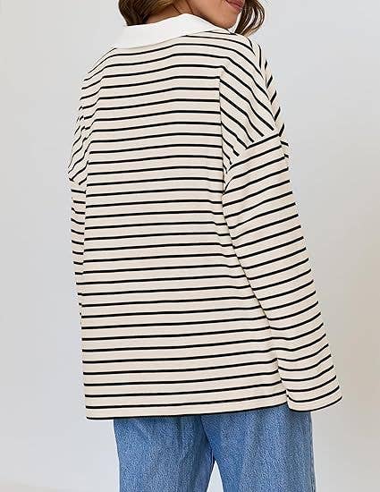 STRIPED V-NECK LOOSE LONG-SLEEVED HOODIE