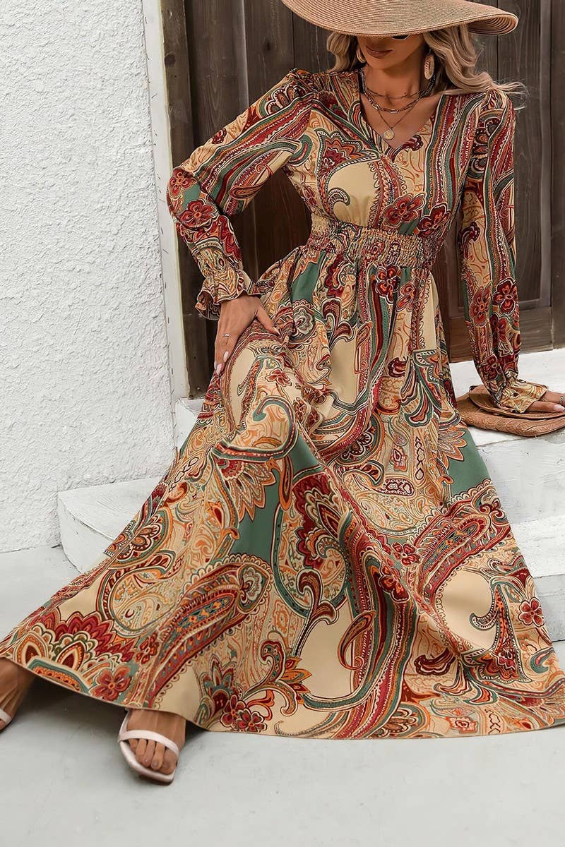 CWDMD4100_PRINTED V-NECK LONG-SLEEVED SWING DRESS