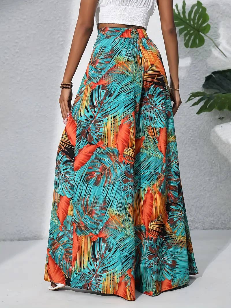 Plant-printed high-waisted wide-leg trousers